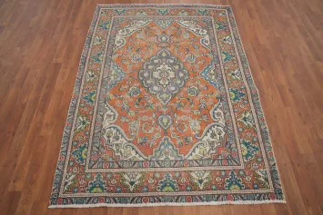 Traditional Orange Wool Tabriz Persian Rug 5x6