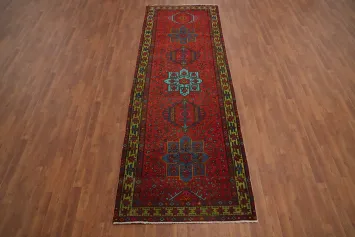 Red Wool Vintage Heriz Persian Runner Rug 4x11