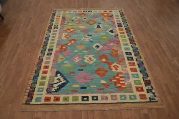 Vegetable Dye Blue Kilim Flat Weave Area Rug 6x9