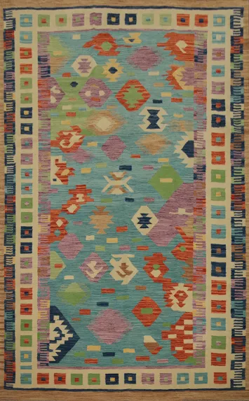 Vegetable Dye Blue Kilim Flat Weave Area Rug 6x9