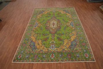 Green Wool Floral Tabriz Persian Area Rug 8x11