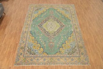 Vintage Green Floral Tabriz Persian Area Rug 10x13
