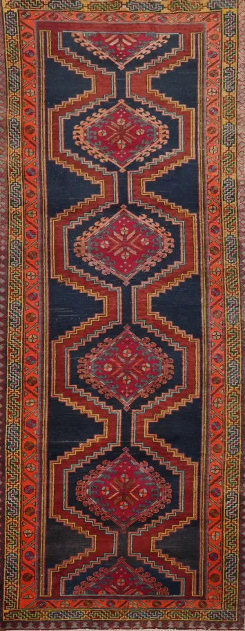 Navy Blue Geometric Ardebil Persian Runner Rug 4x10
