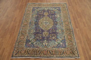 Vintage Purple Floral Tabriz Persian Rug 5x6