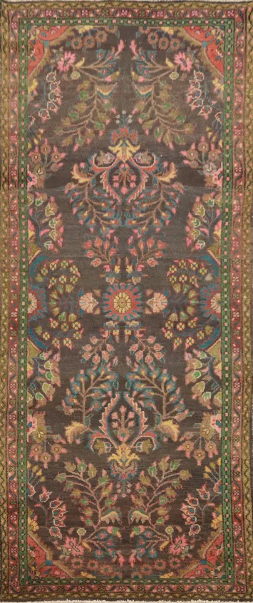 Gray Floral Wool Hamedan Persian Runner Rug 4x10