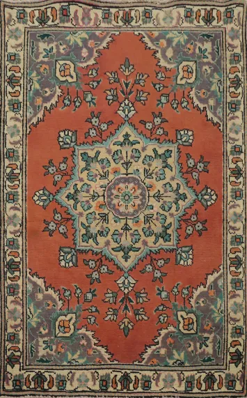 Geometric Wool Orange Tabriz Persian Rug 3x5