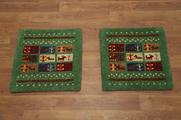 Set of Two Green Gabbeh Oriental Square Rug 1x1