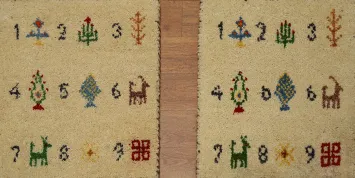 Set of Two Gabbeh Rugs 1x1 with Whimsical Animal Motifs and Numbers