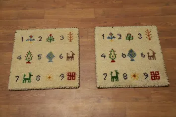 Set of Two Gabbeh Rugs 1x1 with Whimsical Animal Motifs and Numbers