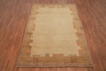 Natural Toned Wool Gabbeh Area Rug 5x8 with Unique Border Design