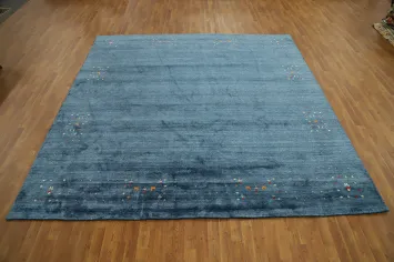 Elegant Blue Gabbeh Area Rug 10x10 with Embroidery Detail