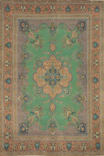 Vintage Green Medallion Tabriz Persian Area Rug 10x13