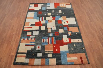 Modern Abstract Gabbeh Area Rug 5x8 with Vibrant Color Blocks