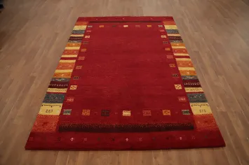 Elegant Red Tribal Gabbeh Area Rug 5x8 with Warm Earthy Accents