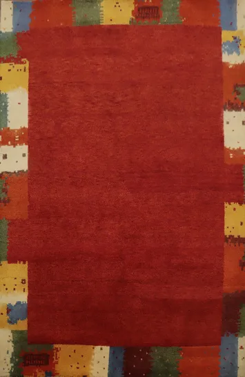 Vibrant Red Gabbeh Area Rug 6x8 with Handmade Multicolor Border