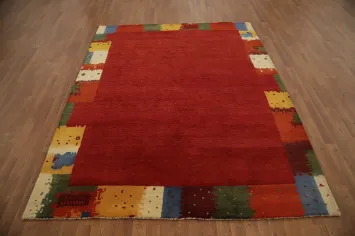 Vibrant Red Gabbeh Area Rug 6x8 with Handmade Multicolor Border