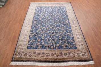 Floral Blue Silk Tabriz Turkish Area Rug 8x11