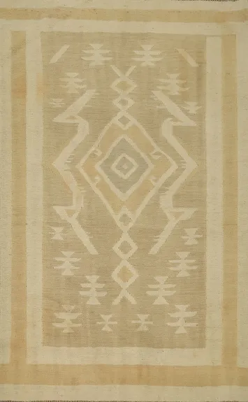 Rustic Charm: Kilim Wool Rug 4x6 with Subtle Geometric Design