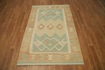 Artistic Earth-tone Kilim Wool Rug 3x5 with Unique Geometric Patterns