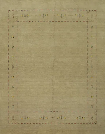 Neutral Toned Gabbeh Area Rug 8x8 with Artistic Border Embroidery