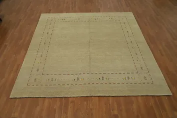 Neutral Toned Gabbeh Area Rug 8x8 with Artistic Border Embroidery