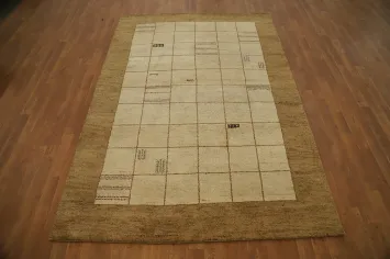 Elegant Beige Grid Gabbeh Area Rug 5x8 with Artistic Stitch Accents