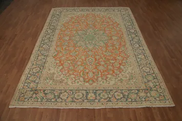 Vintage Floral Wool Orange Tabriz Persian Area Rug 8x11