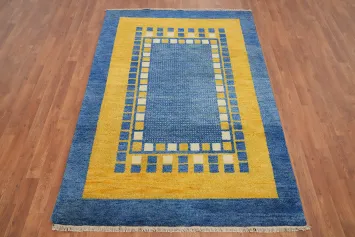 Luxurious Blue and Yellow Rectangular Geometric Gabbeh Area Rug 4x6