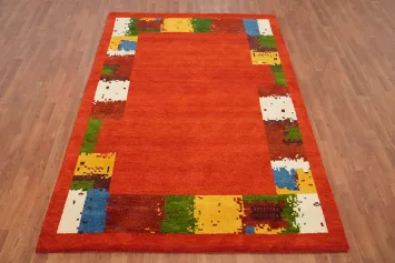 Vibrant Abstract Border Gabbeh Area Rug 6x8 with Warm Centerpiece