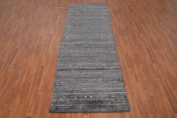 Handmade Gray Gabbeh Runner Rug 4x12 with Subtle Tribal Motifs
