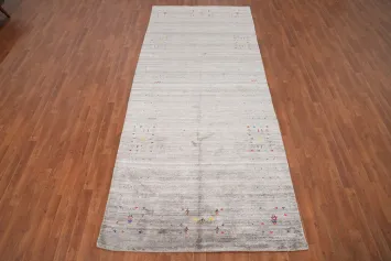 Gray Gabbeh Area Rug 5x12 with Subdued Colorful Tribal Patterns