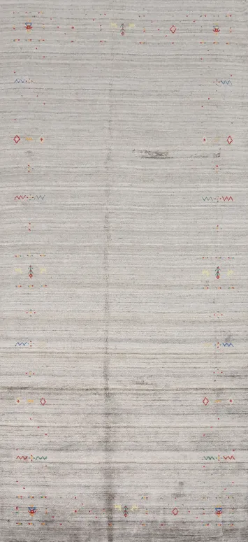 Minimalistic Gray Gabbeh Area Rug 5x12 with Subtle Tribal Patterns
