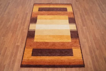 Earthy Modern Gabbeh Rug 4x6 with Stripes Walnut and Caramel Hues