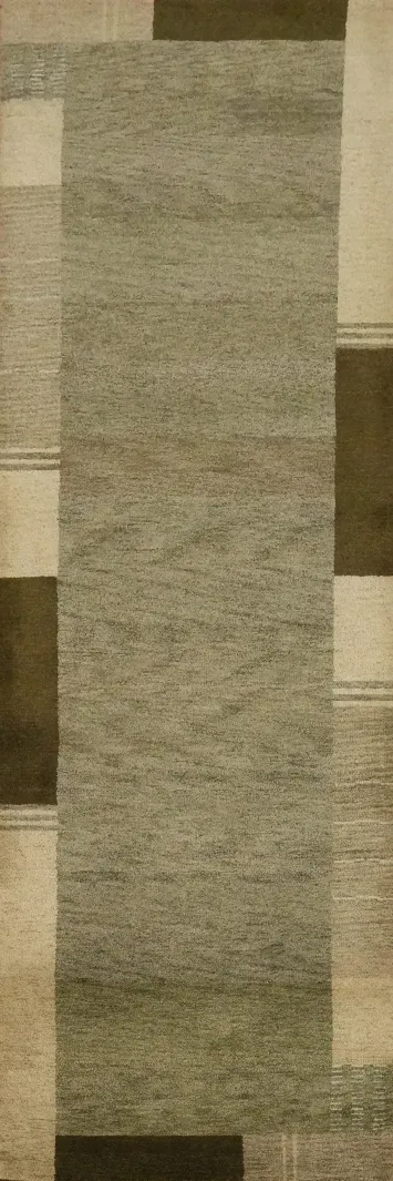 Green Solid Gabbeh Wool Runner Rug 3x12