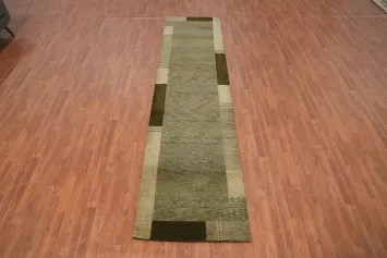 Green Solid Gabbeh Wool Runner Rug 3x12