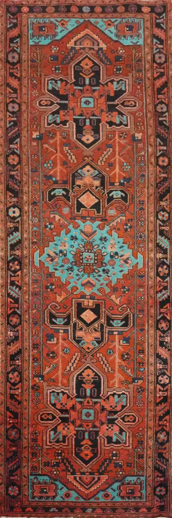 Handmade Wool Geometric Heriz Persian Runner Rug 3x11