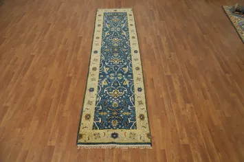 Handmade Blue Oushak Wool Runner Rug 2x10
