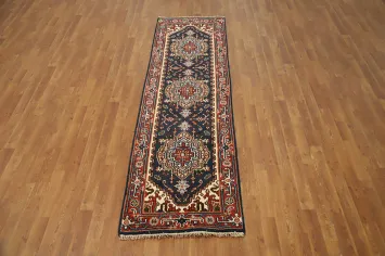 Geometric Blue Heriz Serapi Indian Runner Rug 2x8