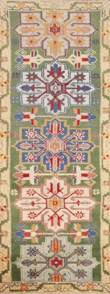 Green Wool Kazak Indian Runner Rug 3x8