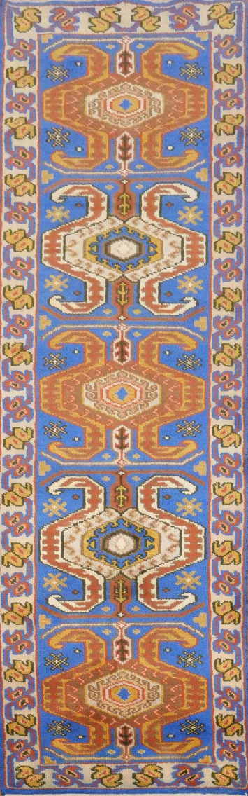 Handmade Blue Kazak Indian Runner Rug 3x10