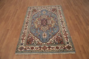 Light Blue Medallion Heriz Serapi Handmade Rug 4x6