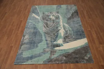Majestic Tiger Modern Area Rug 5x8 Featuring a Serene Mountain Scene