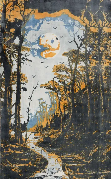 Captivating Woodland Abstract Area Rug 6x8 with Stunning Moon and Sky
