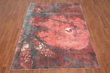 Mysterious Forest Handmade Rug 5x7 Mesmerizing Moonlit Night Scene