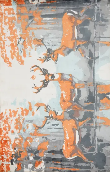 Elegant Deer Forest Handmade Area Rug 6x8 with Vibrant Orange Highlights
