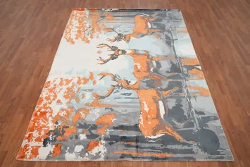 Elegant Deer Forest Handmade Area Rug 6x8 with Vibrant Orange Highlights