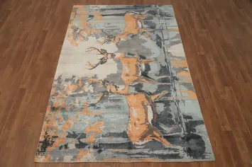 Deer Woodland Scenic Handmade Area Rug 5x8 for Classic Homes