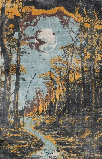 Mystical Forest Night Abstract Area Rug 6x8 with Moonlit Path and Trees