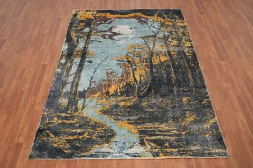 Mystical Forest Night Abstract Area Rug 6x8 with Moonlit Path and Trees