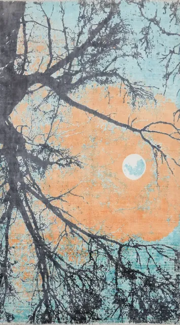 A Serene Autumn Night: Moonlit Tree Silhouette Abstract Area Rug 5x8